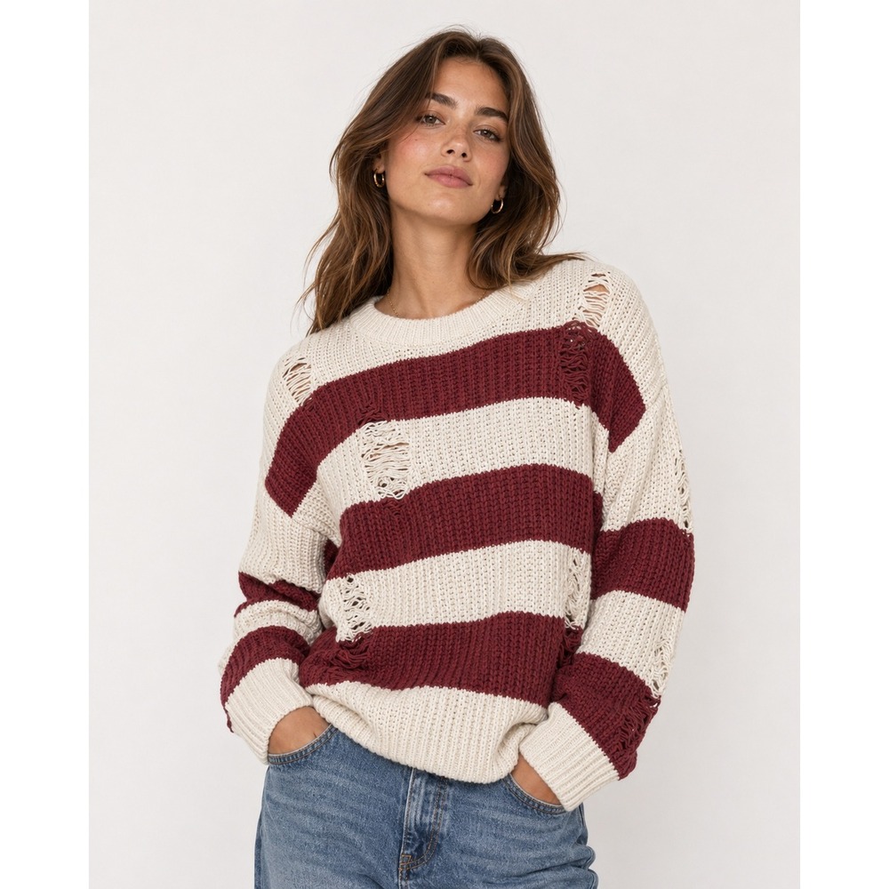 POL Womens‎ Distressed Striped Knit Sweater Cream S Grunge Edgy Boho Oversized